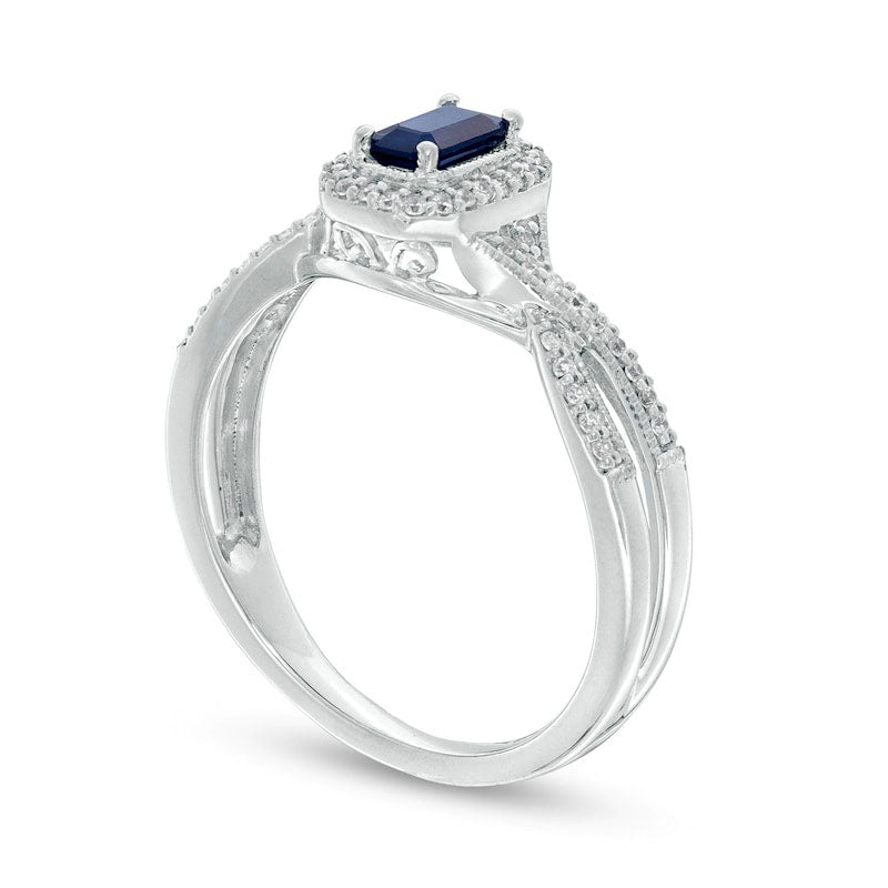 Emerald-Cut Blue Sapphire and 0.13 CT. T.W. Natural Diamond Frame Crossover Shank Antique Vintage-Style Ring in Solid 10K White Gold