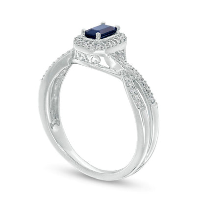Emerald-Cut Blue Sapphire and 0.13 CT. T.W. Natural Diamond Frame Crossover Shank Antique Vintage-Style Ring in Solid 10K White Gold