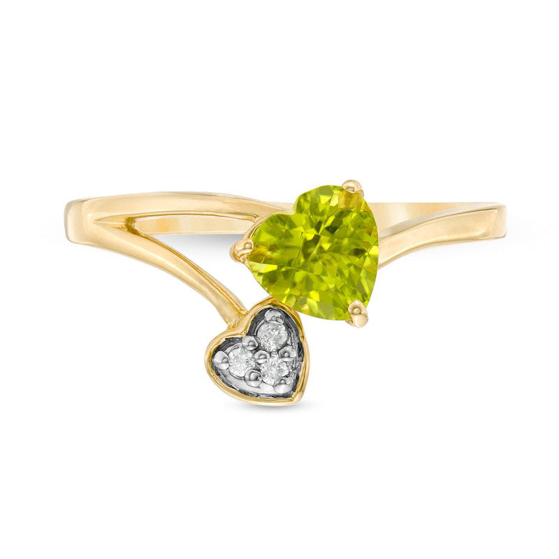 6.0mm Heart-Shaped Peridot and Natural Diamond Accent Double Heart Bypass Ring in Solid 10K Yellow Gold