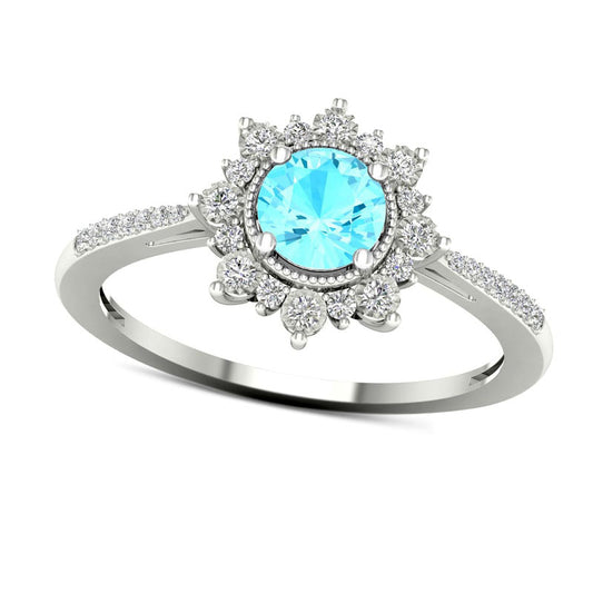 5.0mm Aquamarine and 0.10 CT. T.W. Natural Diamond Sunburst Double Frame Antique Vintage-Style Tapered Shank Ring in Solid 10K White Gold