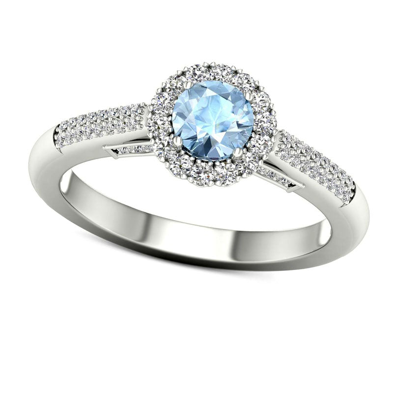 5.0mm Aquamarine and 0.25 CT. T.W. Natural Diamond Frame Double Row Flower Ring in Solid 10K White Gold