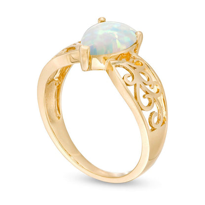 Pear-Shaped Lab-Created Opal Wide Filigree Ring in Solid 10K Yellow Gold