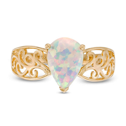 Pear-Shaped Lab-Created Opal Wide Filigree Ring in Solid 10K Yellow Gold