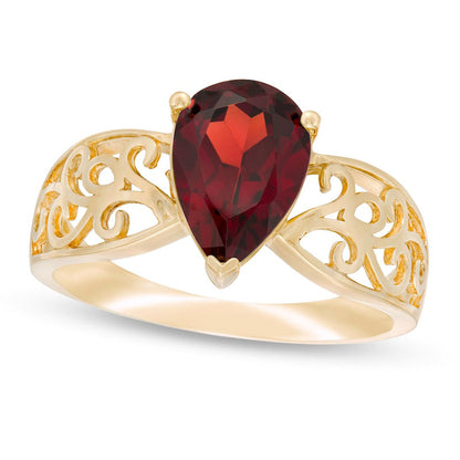 Pear-Shaped Garnet Wide Filigree Ring in Solid 10K Yellow Gold