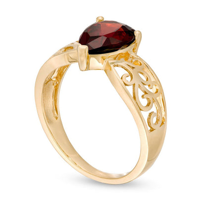 Pear-Shaped Garnet Wide Filigree Ring in Solid 10K Yellow Gold
