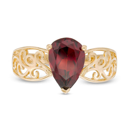 Pear-Shaped Garnet Wide Filigree Ring in Solid 10K Yellow Gold