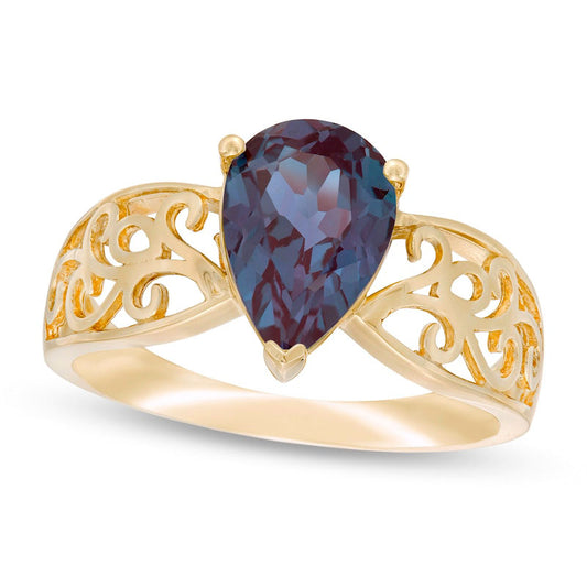 Pear-Shaped Lab-Created Alexandrite Wide Filigree Ring in Solid 10K Yellow Gold