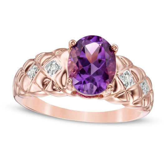 Oval Amethyst and 0.05 CT. T.W. Natural Diamond Quilted Ring in Solid 10K Rose Gold
