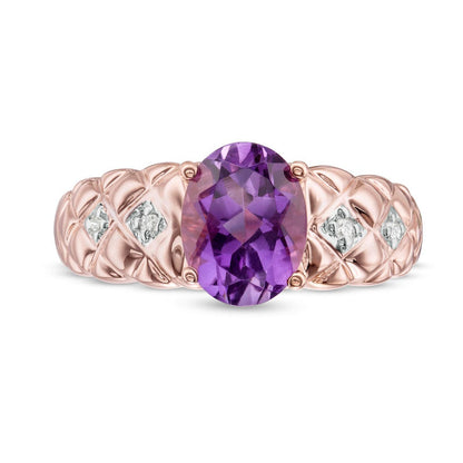 Oval Amethyst and 0.05 CT. T.W. Natural Diamond Quilted Ring in Solid 10K Rose Gold