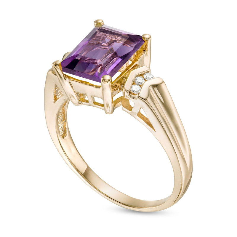 Emerald-Cut Amethyst and 0.05 CT. T.W. Natural Diamond Chevron Tri-Sides Ring in Solid 10K Yellow Gold