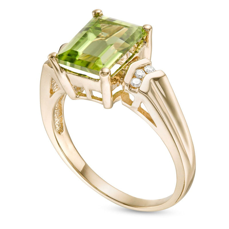 Emerald-Cut Peridot and 0.05 CT. T.W. Natural Diamond Chevron Tri-Sides Ring in Solid 10K Yellow Gold