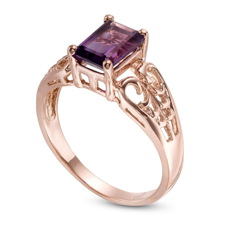 Emerald-Cut Amethyst Open Scroll Ring in Solid 10K Rose Gold