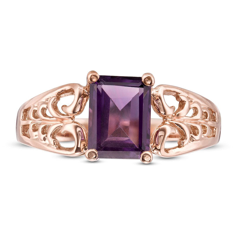 Emerald-Cut Amethyst Open Scroll Ring in Solid 10K Rose Gold