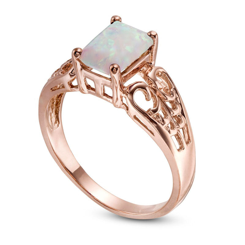 Emerald-Cut Lab-Created Opal Open Scroll Ring in Solid 10K Rose Gold