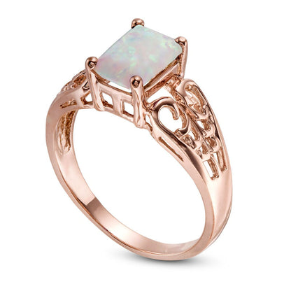 Emerald-Cut Lab-Created Opal Open Scroll Ring in Solid 10K Rose Gold