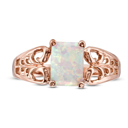 Emerald-Cut Lab-Created Opal Open Scroll Ring in Solid 10K Rose Gold