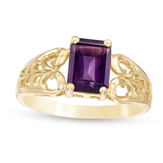 Emerald-Cut Amethyst Open Scroll Ring in Solid 10K Yellow Gold