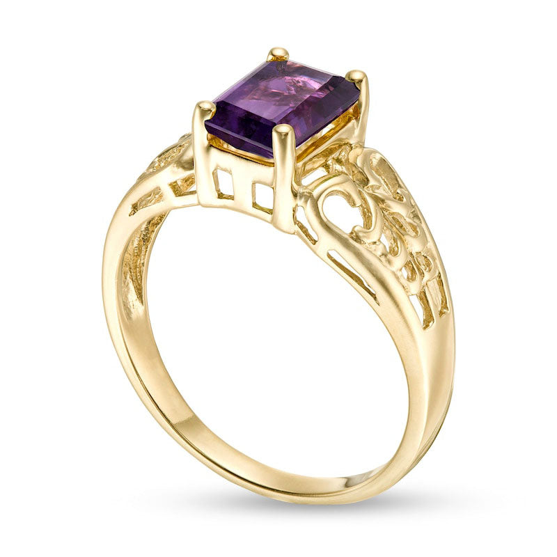 Emerald-Cut Amethyst Open Scroll Ring in Solid 10K Yellow Gold