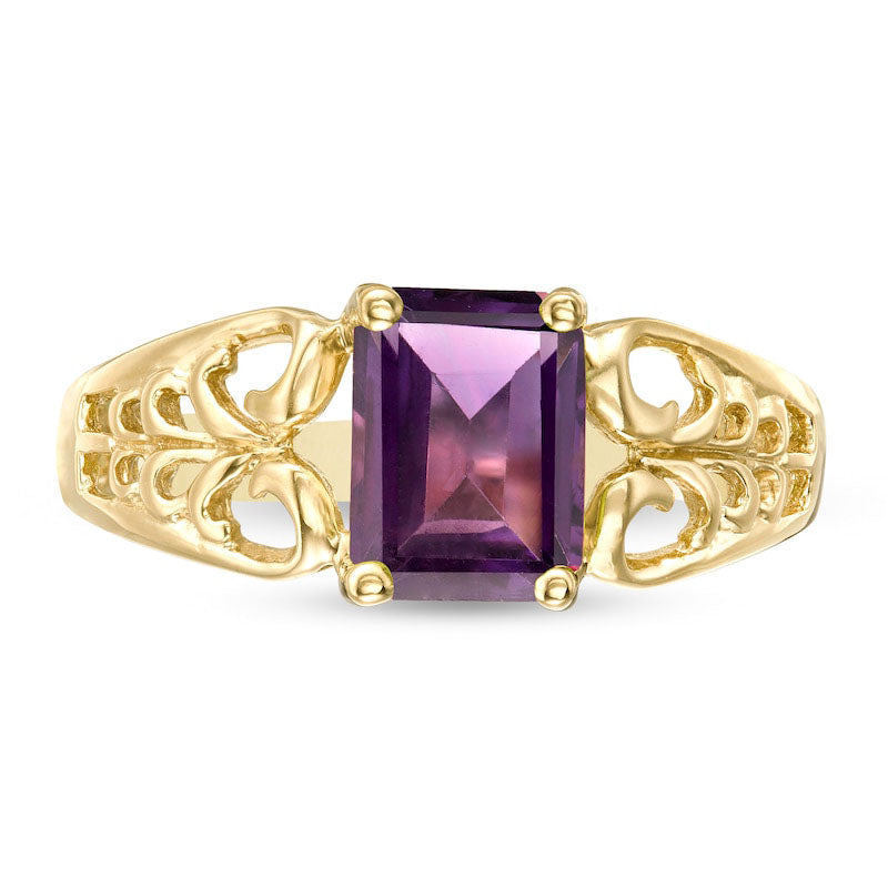 Emerald-Cut Amethyst Open Scroll Ring in Solid 10K Yellow Gold