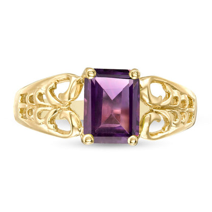 Emerald-Cut Amethyst Open Scroll Ring in Solid 10K Yellow Gold