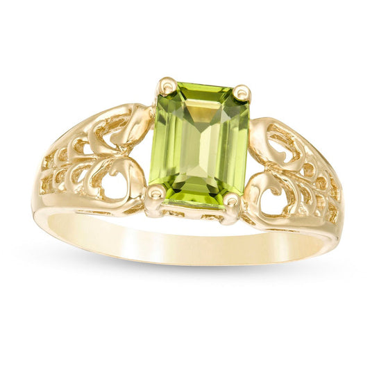 Emerald-Cut Peridot Solitaire Open Scroll Ring in Solid 10K Yellow Gold