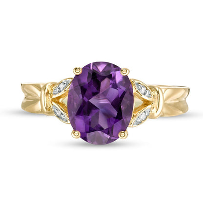 Oval Amethyst and Natural Diamond Accent Leaf Split Shank Ring in Solid 10K White Gold