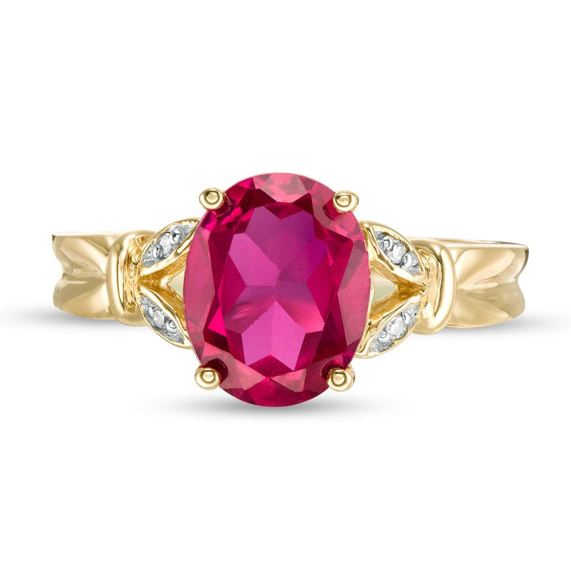 Oval Lab-Created Ruby and Diamond Accent Leaf Split Shank Ring in Solid 10K Yellow Gold