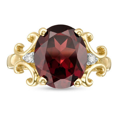 Oval Garnet and 0.05 CT. T.W. Natural Diamond Scroll Frame Ring in Solid 10K Yellow Gold