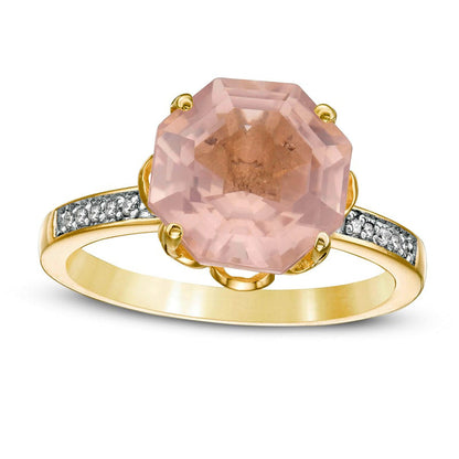 10.0mm Octagonal Rose Quartz and 0.10 CT. T.W. Natural Diamond Flower Ring in Solid 10K Yellow Gold