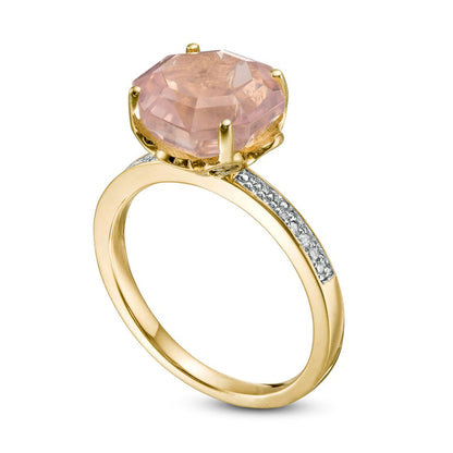 10.0mm Octagonal Rose Quartz and 0.10 CT. T.W. Natural Diamond Flower Ring in Solid 10K Yellow Gold