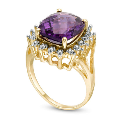 Cushion-Cut Amethyst and 0.10 CT. T.W. Natural Diamond Starburst Frame Ring in Solid 10K Yellow Gold