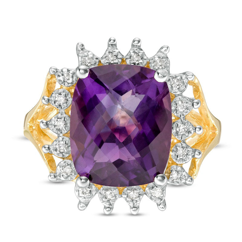 Cushion-Cut Amethyst and 0.10 CT. T.W. Natural Diamond Starburst Frame Ring in Solid 10K Yellow Gold