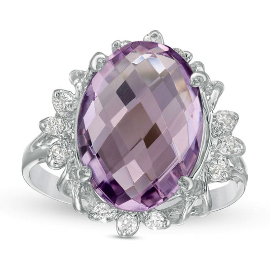 Oval Amethyst and 0.20 CT. T.W. Natural Diamond Petal Frame Ring in Solid 10K White Gold