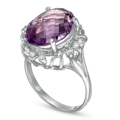 Oval Amethyst and 0.20 CT. T.W. Natural Diamond Petal Frame Ring in Solid 10K White Gold