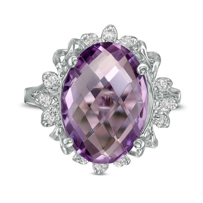 Oval Amethyst and 0.20 CT. T.W. Natural Diamond Petal Frame Ring in Solid 10K White Gold