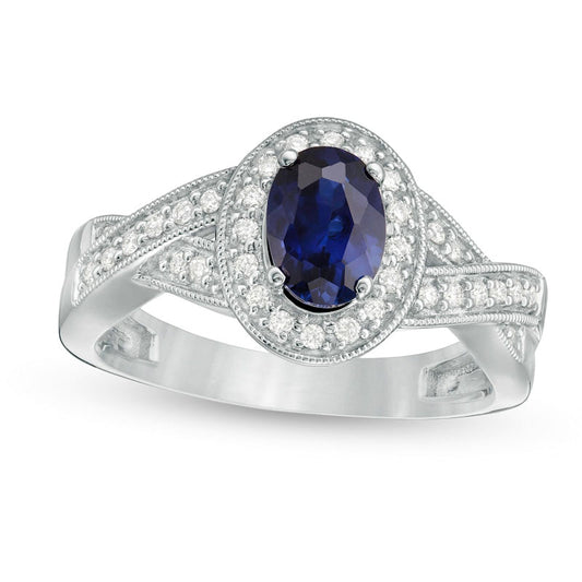 Oval Lab-Created Blue Sapphire and 0.20 CT. T.W. Diamond Criss-Cross Antique Vintage-Style Ring in Solid 10K White Gold