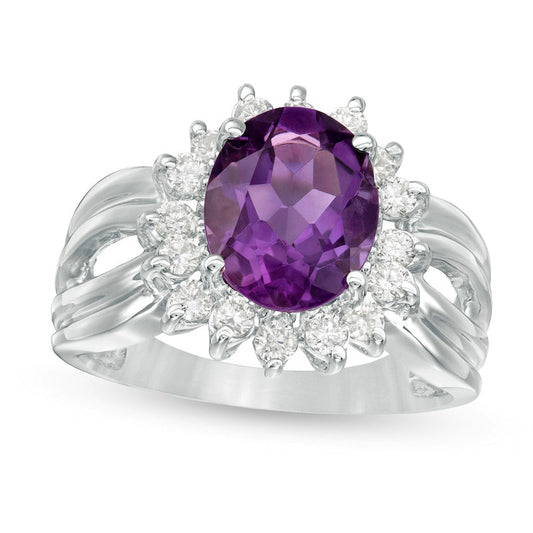 Oval Amethyst and 0.50 CT. T.W. Natural Diamond Starburst Frame Split Shank Ring in Solid 10K White Gold