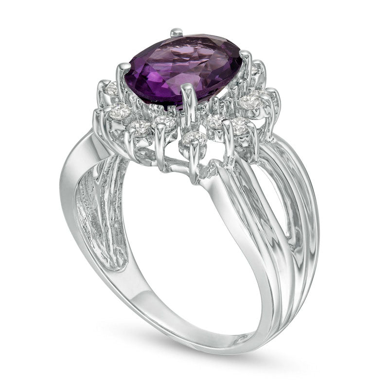 Oval Amethyst and 0.50 CT. T.W. Natural Diamond Starburst Frame Split Shank Ring in Solid 10K White Gold