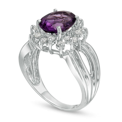 Oval Amethyst and 0.50 CT. T.W. Natural Diamond Starburst Frame Split Shank Ring in Solid 10K White Gold