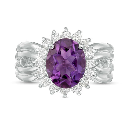 Oval Amethyst and 0.50 CT. T.W. Natural Diamond Starburst Frame Split Shank Ring in Solid 10K White Gold