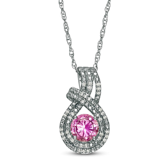 6.0mm Lab-Created Pink Sapphire and 0.1 CT. T.W. Diamond Double Row Teardrop Pendant in Sterling Silver