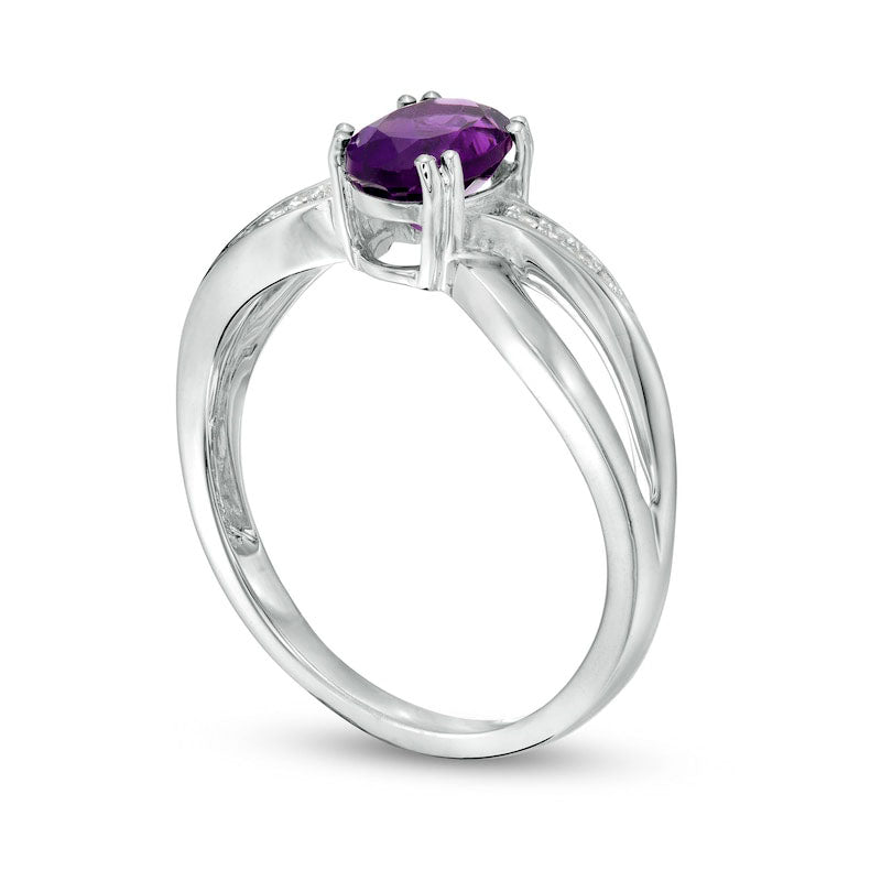 Oval Amethyst and Natural Diamond Accent Split Shank Ring in Solid 10K White Gold