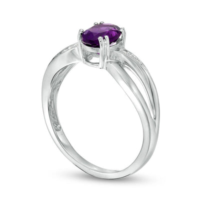 Oval Amethyst and Natural Diamond Accent Split Shank Ring in Solid 10K White Gold