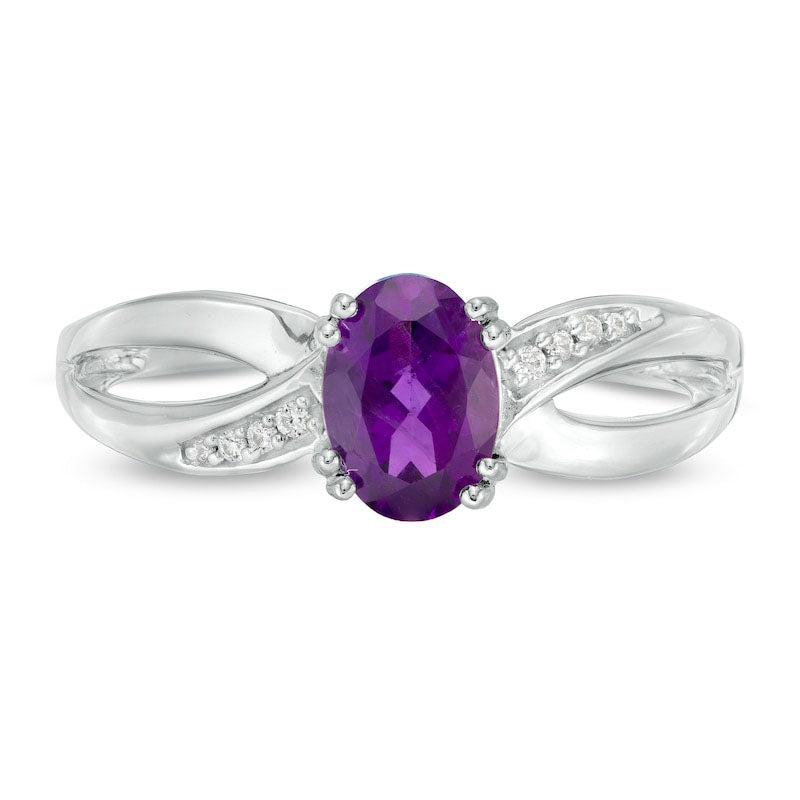 Oval Amethyst and Natural Diamond Accent Split Shank Ring in Solid 10K White Gold