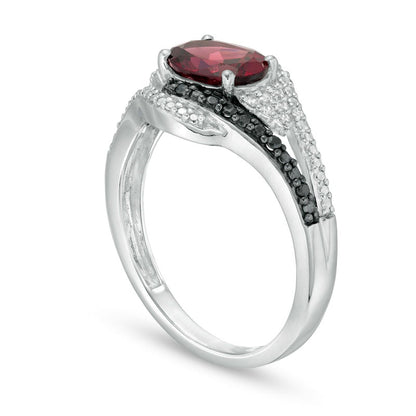 Oval Garnet and 0.10 CT. T.W. White and Enhanced Black Natural Diamond Bypass Frame Ring in Sterling Silver