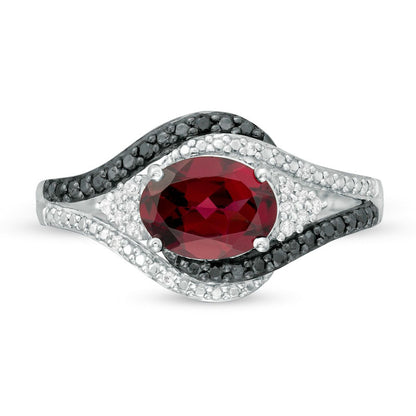 Oval Garnet and 0.10 CT. T.W. White and Enhanced Black Natural Diamond Bypass Frame Ring in Sterling Silver
