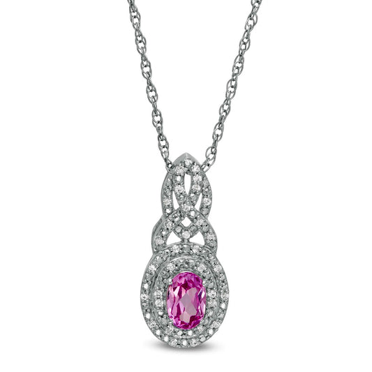 Oval Lab-Created Pink Sapphire and 0.1 CT. T.W. Diamond Double Frame Cascading Pendant in Sterling Silver