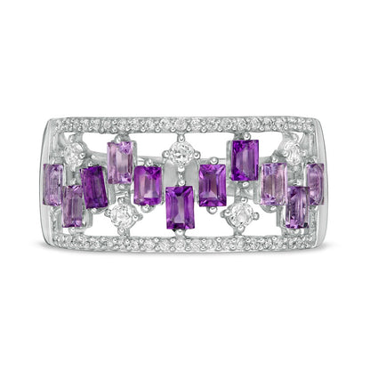 Baguette-Cut Amethyst and White Topaz Zig-Zag and 0.17 CT. T.W. Natural Diamond Open Shank Ring in Solid 10K White Gold