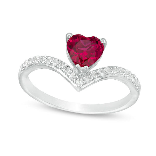 6.0mm Heart-Shaped Lab-Created Ruby and White Sapphire Chevron Ring in Sterling Silver