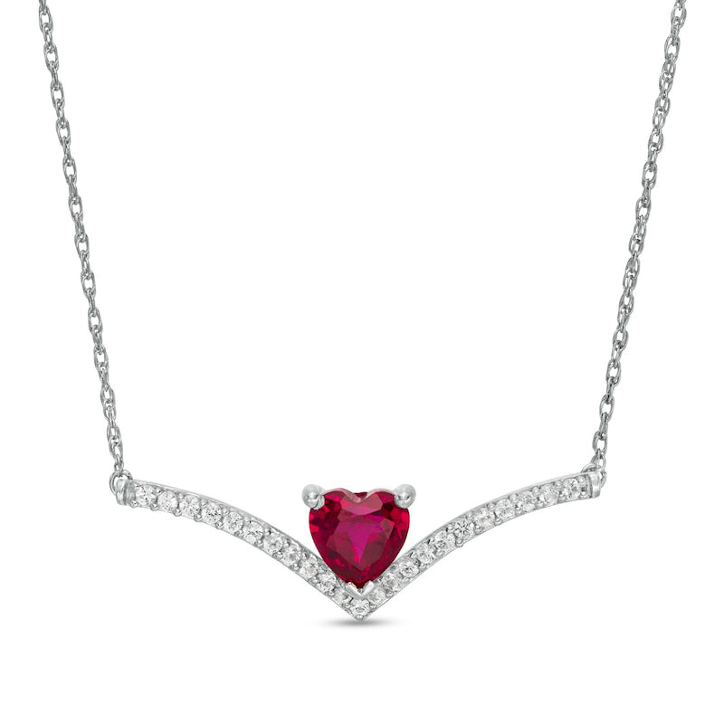6.0mm Heart-Shaped Lab-Created Ruby and White Sapphire Chevron Necklace in Sterling Silver